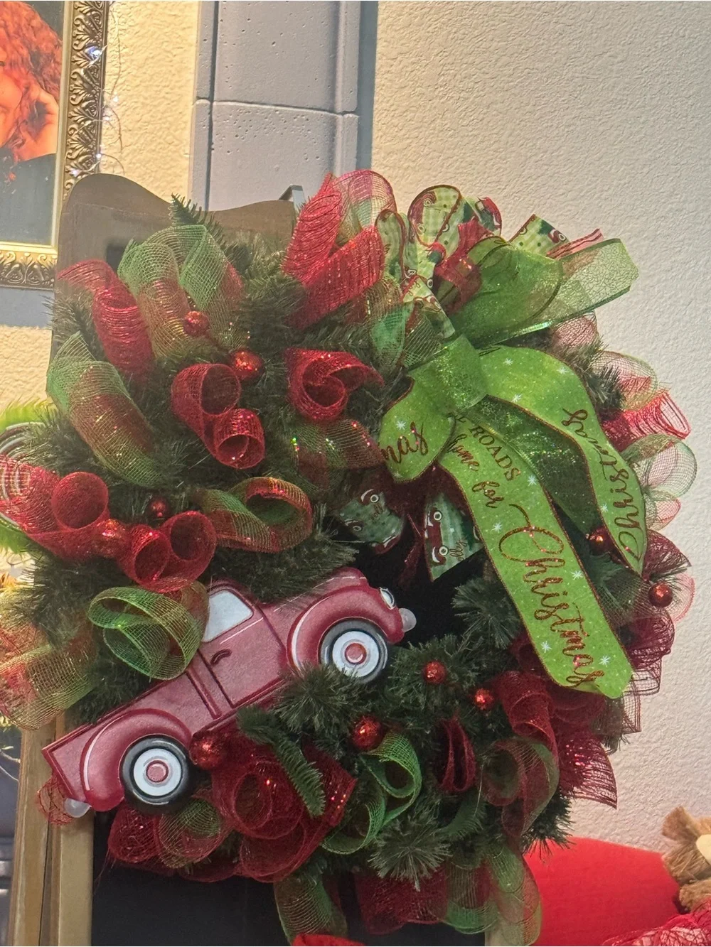 Red & Green Holiday Wreath with Vintage Red Truck - ALL ROADS LEAD HOME WREATH